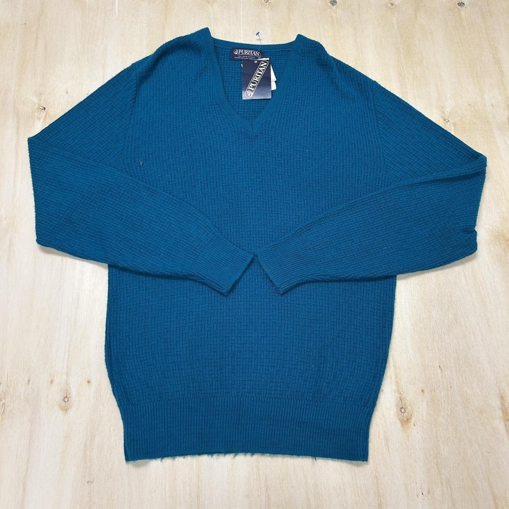 Vintage Puritan Sweater Mens XL Blue V Neck Tight Knit Acrylic Pullover USA